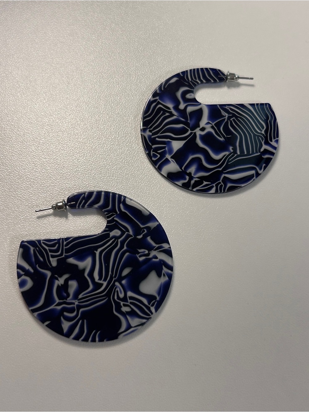Navy and White Marbled Hoop Earrings